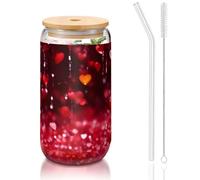 JEJEA Abstract Heart Glass Cups with Bamboo Lids and Straws,Coffee Cup,Can Shaped Cups,Glasses,Cocktail, Transparent