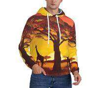 JEJEA African Animal Sunset Print Men'S Hooded Sweatshirt, Drawstring Hoodies Pullover, Long Sleeve Pullover, For Daily Wear Black
