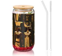 JEJEA Ancient Egyptian Hieroglyph Glass Cups with Bamboo Lids and Straws,Coffee Cup,Can Shaped Cups,Glasses,Cocktail, Transparent
