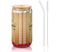 JEJEA Antique Building with Roman Olive Branch and Greek Glass Cups with Bamboo Lids and Straws,Coffee Cup,Can Shaped Cups,Glasses,Cocktail, Transparent