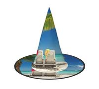 JEJEA Beach Palm Tree Chairs Boats Print Women'S Large Witch Hat Witch Hat Witches Hats Halloween Cosplay Party Accessory