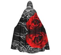 JEJEA Black White and Red Roses print Halloween Hooded Cloak Cape Unisex for Cosplay, Christmas Party Favors Witchy Outfits