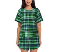 JEJEA Blue and Green Scottish Tartan print 2 Piece Womens Pajama Set With Pockets Ladies Pjs Summer Sleepwear Set Round Neck Short Sleeve