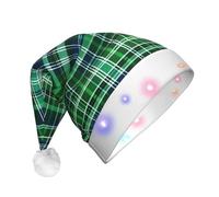 JEJEA Blue And Green Scottish Tartan Print Santa Hat Adult Led, Christmas Hat With Lights For Women And Men New Year Party Supplies