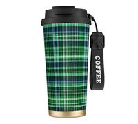 JEJEA Blue and Green Scottish Tartan Print Stainless Steel Insulated Mugs, Double Wall Coffee Cups, Coffee Travel Mug for Home Office