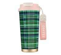 JEJEA Blue and Green Scottish Tartan Print Stainless Steel Insulated Mugs, Double Wall Coffee Cups, Coffee Travel Mug for Home Office