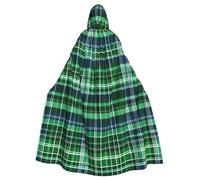 JEJEA Blue And Green Scottish Tartan Print Witch Wizard Hooded Cloak, Adult Halloween Party Cape, For Witch Vampire Cosplay Costume