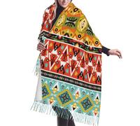 JEJEA Bohemian Feather Print Print Faux Cashmere Fringe Shawl - Warm Winter Scarf For Women, Soft Cozy Wrap For Cold Weather