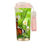 JEJEA Butterfly On Daisy Flower Print Stainless Steel Insulated Mugs, Double Wall Coffee Cups, Coffee Travel Mug for Home Office