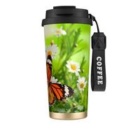 JEJEA Butterfly On Daisy Flower Print Stainless Steel Insulated Mugs, Double Wall Coffee Cups, Coffee Travel Mug for Home Office