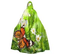 JEJEA Butterfly On Daisy Flower Print Witch Wizard Hooded Cloak, Adult Halloween Party Cape, For Witch Vampire Cosplay Costume