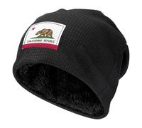 JEJEA California State Flag Print Fleece Lined Skull Cap, Winter Knit Cuffed Beanie Hat Soft Warm Ski Hats Unisex Cold Weather Black