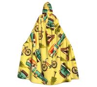 JEJEA Car And Bicycle Print Witch Wizard Hooded Cloak, Adult Halloween Party Cape, For Witch Vampire Cosplay Costume