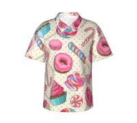 JEJEA Colorful Sweet Lollipop Cupcake Donut Print Hawaiian Shirt for Men, Short Sleeve Button Down, Summer Beach Shirts,Casual Cuban Top Black