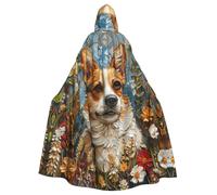 JEJEA Corgi Floral Flowers Spring Garden Print Witch Wizard Hooded Cloak, Adult Halloween Party Cape, For Witch Vampire Cosplay Costume