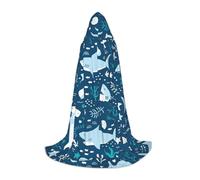 JEJEA Cute Blue Fish Print Halloween Cosplay Christmas Party Outfits Hooded Wizard Robe Halloween Cloak Medieval Renaissance