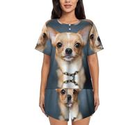 JEJEA Cute Chihuahua Print Women Short Sleeve Tee Sleepwear Short Sets Short Pajamas Sets Soft Pj Lounge Sets Black