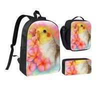 JEJEA Cute Cockatiel print Backpack with Lunch Box Pecnil Case Set 3 in 1,BookBags Lunchbag Pencil Bag 17inch for Travel
