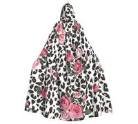 JEJEA Cute Pink Rose Mix Leopard Pattern Print Witch Wizard Hooded Cloak, Adult Halloween Party Cape, For Witch Vampire Cosplay Costume