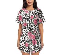 JEJEA Cute Pink Rose Mix Leopard Pattern Print Women Short Sleeve Tee Sleepwear Short Sets Short Pajamas Sets Soft Pj Lounge Sets