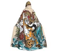 JEJEA Dragon And Tiger Print Witch Wizard Hooded Cloak, Adult Halloween Party Cape, For Witch Vampire Cosplay Costume