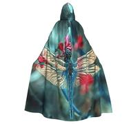 JEJEA Dragonfly On The Flower Print Witch Wizard Hooded Cloak, Adult Halloween Party Cape, For Witch Vampire Cosplay Costume