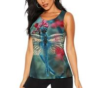JEJEA Dragonfly On The Flower Print Workout Tank Tops Woman, Yoga Tanks Quick Dry Sleeveless Gym Shirts, Loose Fit Athletic Top Black