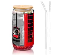 JEJEA England UK Retro London Telephone Glass Cups with Bamboo Lids and Straws,Coffee Cup,Can Shaped Cups,Glasses,Cocktail, Transparent