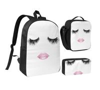 JEJEA Eyelash Lip White print Backpack with Lunch Box Pecnil Case Set 3 in 1,BookBags Lunchbag Pencil Bag 17inch for Travel