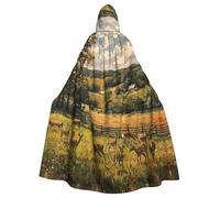 JEJEA Farm With Deer Print Witch Wizard Hooded Cloak, Adult Halloween Party Cape, For Witch Vampire Cosplay Costume