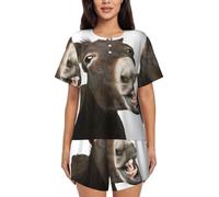 JEJEA Funny Donkey print 2 Piece Womens Pajama Set With Pockets Ladies Pjs Summer Sleepwear Set Round Neck Short Sleeve Black