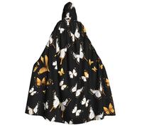 JEJEA Gold White Butterflies Black print Halloween Hooded Cloak Cape Unisex for Cosplay, Christmas Party Favors Witchy Outfits
