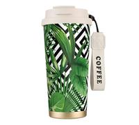 JEJEA Green Leaves of Palm Tree Tropical Plant Print Stainless Steel Insulated Mugs, Double Wall Coffee Cups, Coffee Travel Mug for Home Office