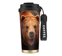 JEJEA Grizzly Bear Print Stainless Steel Insulated Mugs, Double Wall Coffee Cups, Coffee Travel Mug for Home Office