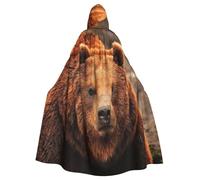 JEJEA Grizzly Bear Print Witch Wizard Hooded Cloak, Adult Halloween Party Cape, For Witch Vampire Cosplay Costume