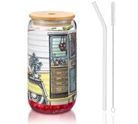 JEJEA Happy Campers Glass Cups with Bamboo Lids and Straws,Coffee Cup,Can Shaped Cups,Glasses,Cocktail, Transparent