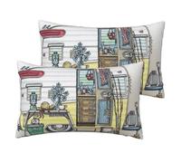 JEJEA Happy Campers Print Pillow Case 30x50cm, Set Of 2, Linen Throw Cushion Covers, Decorative Throw Pillow Covers