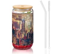 JEJEA Hong Kong Glass Cups with Bamboo Lids and Straws,Coffee Cup,Can Shaped Cups,Glasses,Cocktail, Transparent