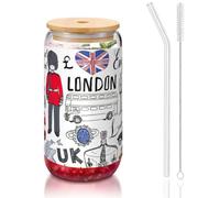 JEJEA I Love London Glass Cups with Bamboo Lids and Straws,Coffee Cup,Can Shaped Cups,Glasses,Cocktail, Transparent