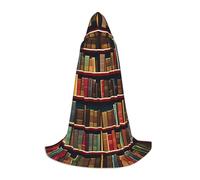 JEJEA Library Bookshelf Book Print Halloween Cosplay Christmas Party Outfits Hooded Wizard Robe Halloween Cloak Medieval Renaissance