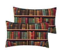 JEJEA Library Bookshelf Book Print Pillow Case 30x50cm, Set Of 2, Linen Throw Cushion Covers, Decorative Throw Pillow Covers