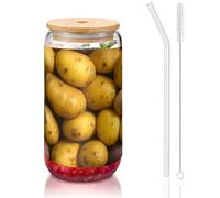 JEJEA Many Potatoes Glass Cups with Bamboo Lids and Straws,Coffee Cup,Can Shaped Cups,Glasses,Cocktail, Transparent