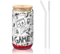 JEJEA Monochrome Sketch Style Gaming Glass Cups with Bamboo Lids and Straws,Coffee Cup,Can Shaped Cups,Glasses,Cocktail, Transparent
