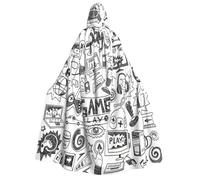 JEJEA Monochrome Sketch Style Gaming print Halloween Hooded Cloak Cape Unisex for Cosplay, Christmas Party Favors Witchy Outfits