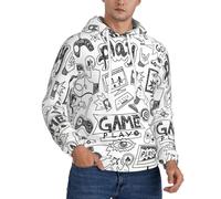 JEJEA Monochrome Sketch Style Gaming Print Men'S Hooded Sweatshirt, Drawstring Hoodies Pullover, Long Sleeve Pullover, For Daily Wear Black