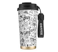 JEJEA Monochrome Sketch Style Gaming Print Stainless Steel Insulated Mugs, Double Wall Coffee Cups, Coffee Travel Mug for Home Office