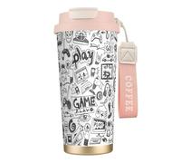 JEJEA Monochrome Sketch Style Gaming Print Stainless Steel Insulated Mugs, Double Wall Coffee Cups, Coffee Travel Mug for Home Office