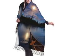 JEJEA Moonlit Canoe Allagash River Print Print Faux Cashmere Fringe Shawl - Warm Winter Scarf For Women, Soft Cozy Wrap For Cold Weather