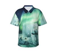 JEJEA Northern Lights Polar Bear Print Hawaiian Shirt for Men, Short Sleeve Button Down, Summer Beach Shirts,Casual Cuban Top Black