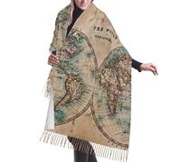 JEJEA Old Stained World Map Print Print Faux Cashmere Fringe Shawl - Warm Winter Scarf For Women, Soft Cozy Wrap For Cold Weather